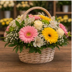 Aranjament floral pentru botez vesel cu gerbera multicolor - poza 3