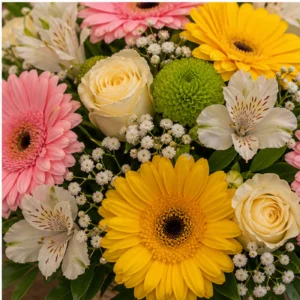 Aranjament floral pentru botez vesel cu gerbera multicolor - poza 4