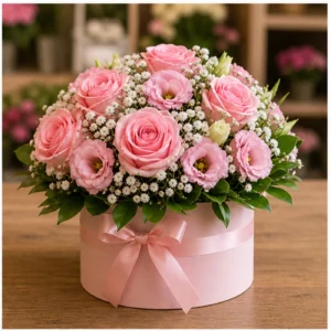 Aranjament floral roz delicat cu trandafiri si gypsophila - poza 2