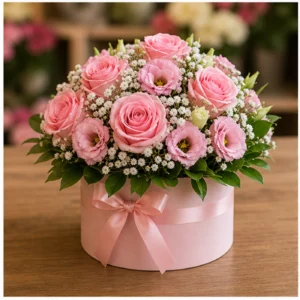 Aranjament floral roz delicat cu trandafiri si gypsophila - poza 3