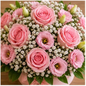Aranjament floral roz delicat cu trandafiri si gypsophila - poza 4