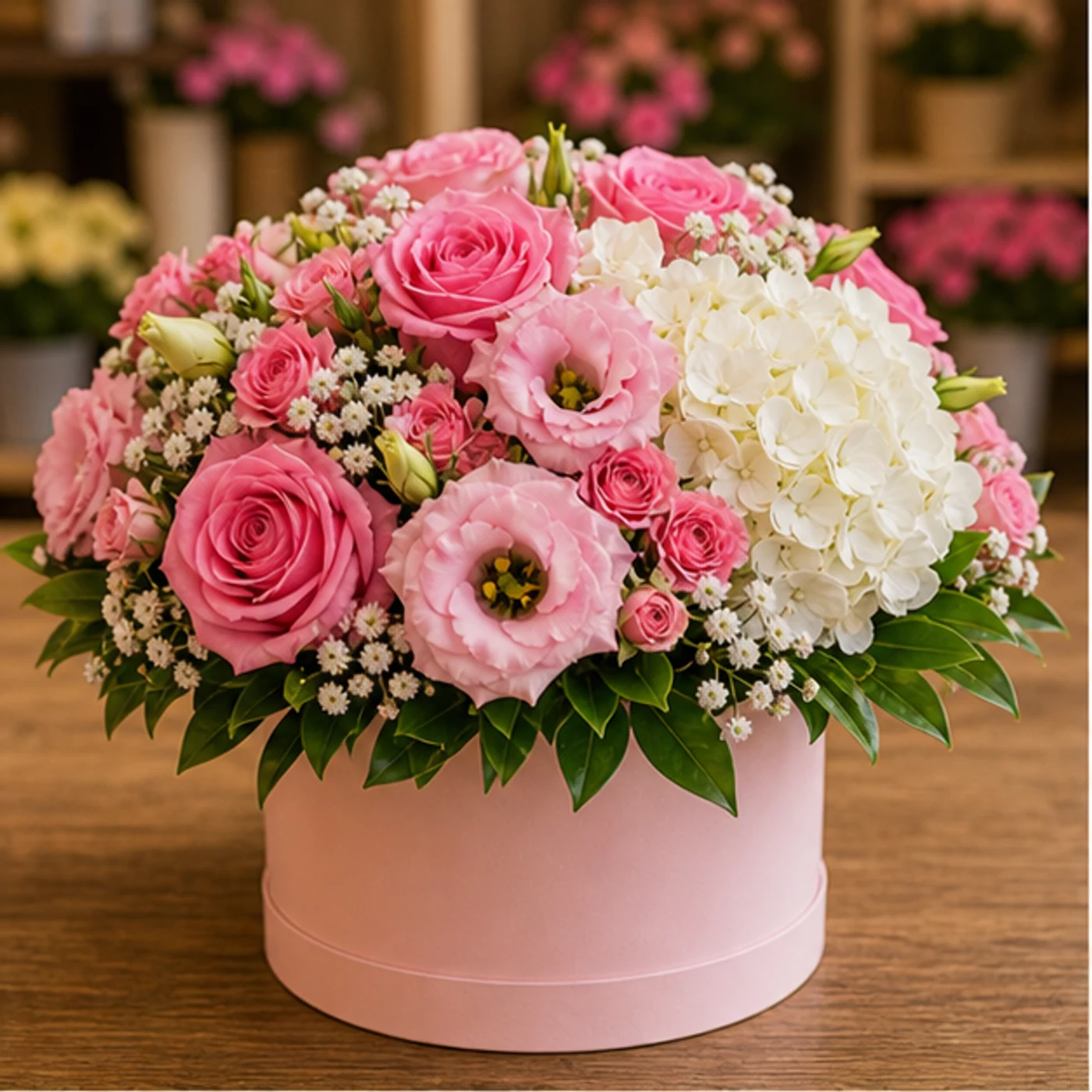 Aranjament floral roz in cutie rotunda - poza 1