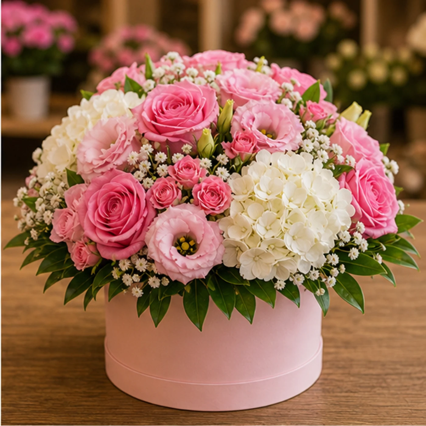 Aranjament floral roz in cutie rotunda - poza 2