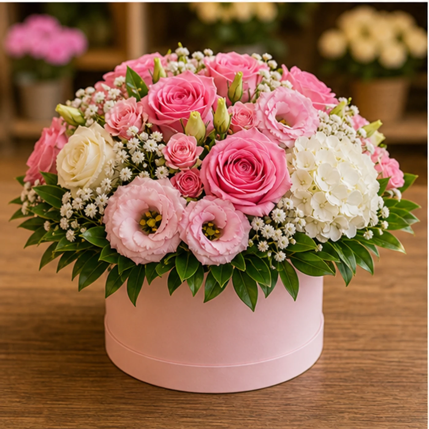 Aranjament floral roz in cutie rotunda - poza 3