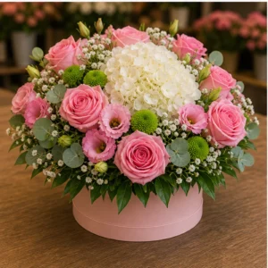 Aranjament floral spectaculos cu hortensie alba si trandafiri roz - poza 3