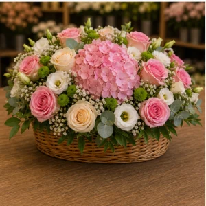 Aranjament floral spectaculos in cos oval cu hortensie roz - poza 3