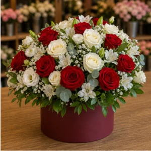 Aranjament floral spectaculos in cutie burgundy cu trandafiri - poza 2