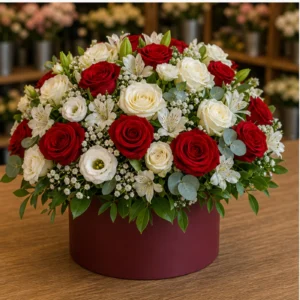 Aranjament floral spectaculos in cutie burgundy cu trandafiri - poza 3