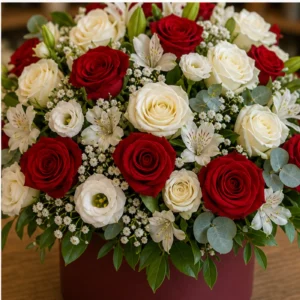 Aranjament floral spectaculos in cutie burgundy cu trandafiri - poza 4
