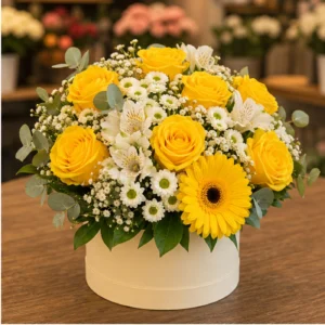 Aranjament floral spectaculos in cutie crem cu trandafiri galbeni - poza 2