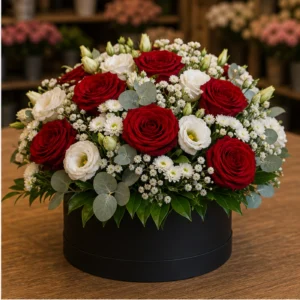 Aranjament floral spectaculos in cutie neagra cu eustoma alba - poza 2