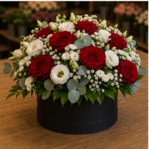 Aranjament floral spectaculos in cutie neagra cu eustoma alba - poza 3