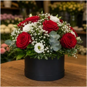Aranjament floral spectaculos rosu cu trandafiri si gypsophila - poza 2
