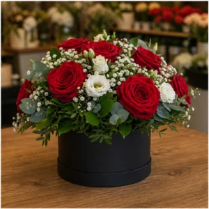 Aranjament floral spectaculos rosu cu trandafiri si gypsophila - poza 3