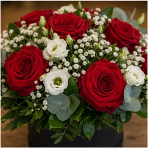 Aranjament floral spectaculos rosu cu trandafiri si gypsophila - poza 4