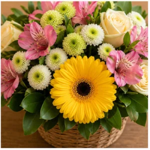 Aranjament floral vesel cu gerbera si alstroemeria - poza 4