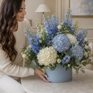 Aranjament Flori Domiciliu București Blue Whisper cu Delphinium și Hortensie - imagine 3