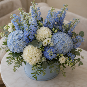 Aranjament Flori Domiciliu București Blue Whisper cu Delphinium și Hortensie - imagine 4