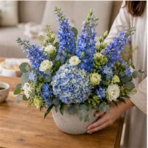 Aranjament Flori la Domiciliu Blue Whisper cu Delphinium și Hortensie - imagine 3