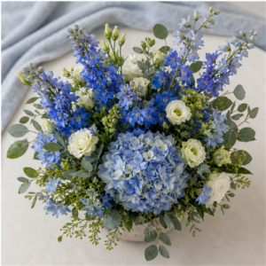 Aranjament Flori la Domiciliu Blue Whisper cu Delphinium și Hortensie - imagine 4