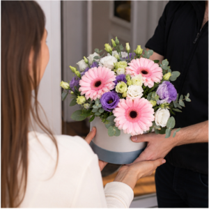 Aranjament Flori la Domiciliu București Prag Senin cu Gerbera și Lisianthus - imagine 3