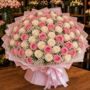 Buchet 18 ani cu 51 trandafiri roz si albi - poza 2