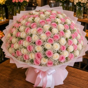 Buchet 18 ani cu 51 trandafiri roz si albi - poza 3