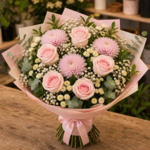 Buchet 18 ani pastel cu trandafiri si crizanteme - poza 3