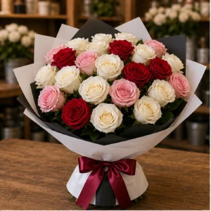 Buchet 25 Trandafiri Albi cu Accente Rosii si Roz - poza 1
