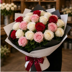 Buchet 25 Trandafiri Albi cu Accente Rosii si Roz - poza 2
