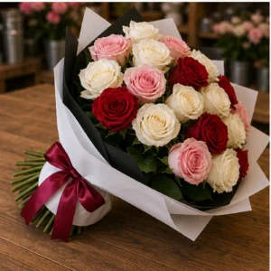 Buchet 25 Trandafiri Albi cu Accente Rosii si Roz - poza 3