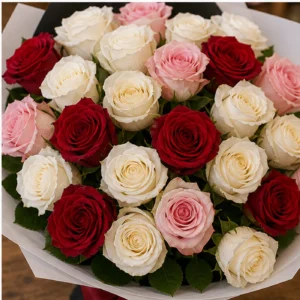 Buchet 25 Trandafiri Albi cu Accente Rosii si Roz - poza 4