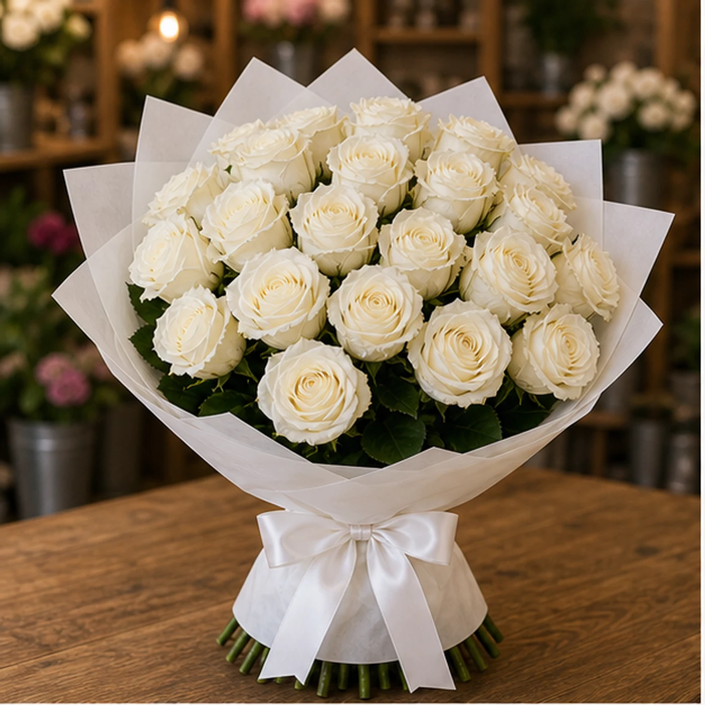 Buchet 25 Trandafiri Albi Premium - poza 1