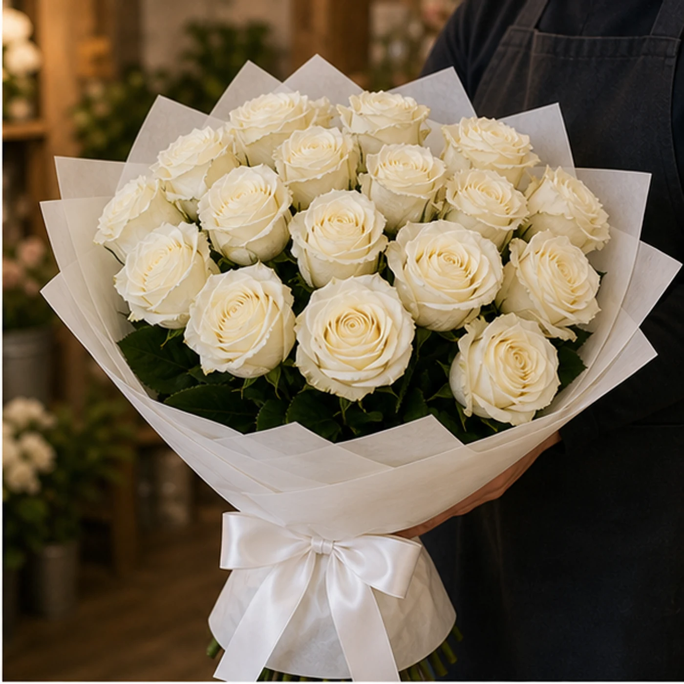 Buchet 25 Trandafiri Albi Premium - poza 2