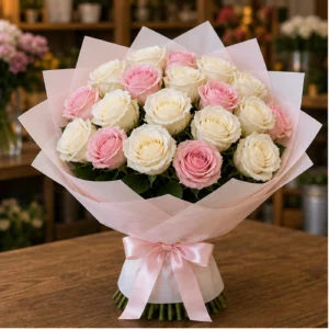 Buchet 25 Trandafiri Albi si Roz - poza 1