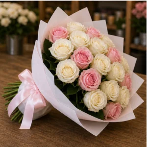 Buchet 25 Trandafiri Albi si Roz - poza 3