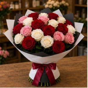 Buchet 25 Trandafiri Rosii cu Accente Albe si Roz - poza 1