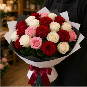 Buchet 25 Trandafiri Rosii cu Accente Albe si Roz - poza 2