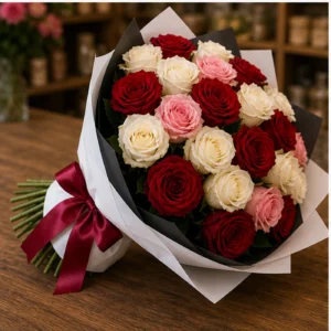 Buchet 25 Trandafiri Rosii cu Accente Albe si Roz - poza 3