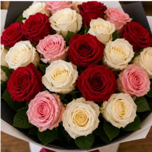Buchet 25 Trandafiri Rosii cu Accente Albe si Roz - poza 4