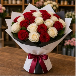 Buchet 25 Trandafiri Rosii si Albi - poza 1
