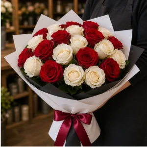 Buchet 25 Trandafiri Rosii si Albi - poza 2