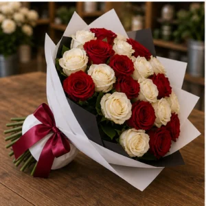 Buchet 25 Trandafiri Rosii si Albi - poza 3