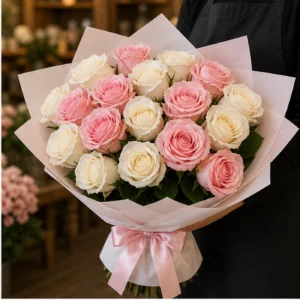 Buchet 25 Trandafiri Roz si Albi - poza 2