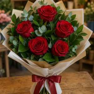 Buchet 5 trandafiri rosii cu salal natural - poza 1