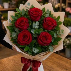 Buchet 5 trandafiri rosii cu salal natural - poza 2