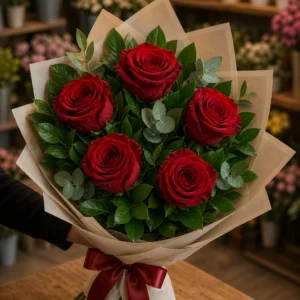 Buchet 5 trandafiri rosii cu salal natural - poza 3