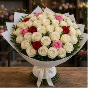 Buchet 51 Trandafiri Albi cu Accente Rosii si Roz - poza 1