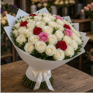 Buchet 51 Trandafiri Albi cu Accente Rosii si Roz - poza 2