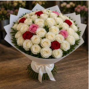 Buchet 51 Trandafiri Albi cu Accente Rosii si Roz - poza 3